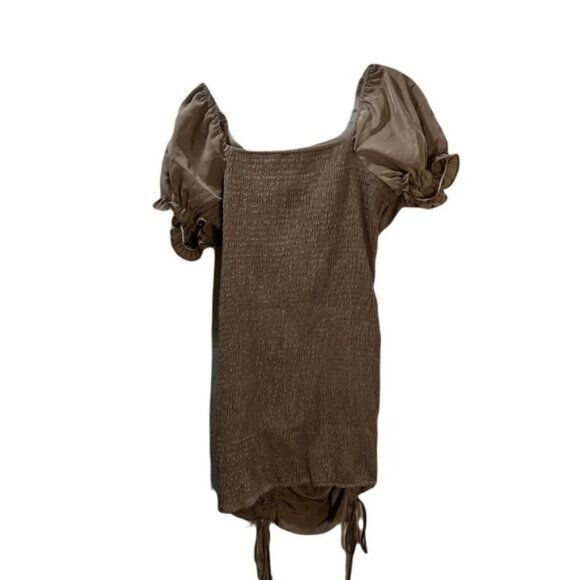 Mocha‎ Slinky Ruched Puff Sleeve Mini Dress Large - Picture 2 of 6